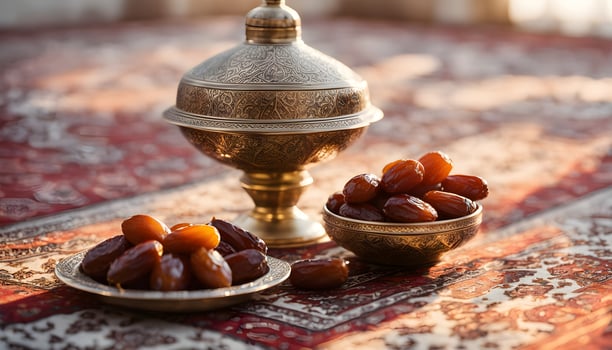 A luxurious Ramadan scene with a golden lamp, a silver bowl of dates, and Islamic calligraphy in the background photo