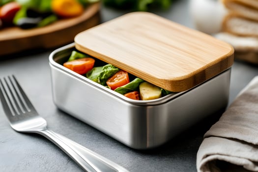 Stainless Steel Lunchbox with Bamboo Lid and Organic Food photo
