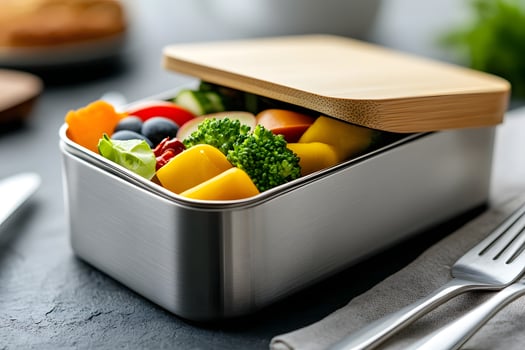 Stainless steel lunchbox with fresh organic food on countertop photo