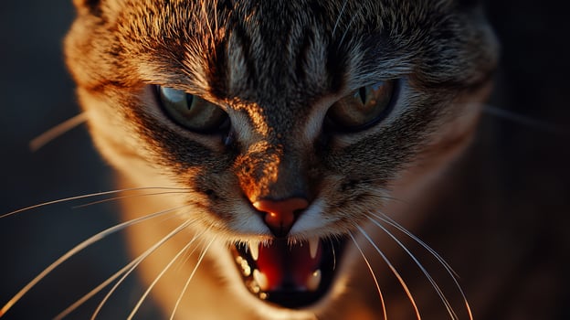 Angry cat close-up, sunset background photo