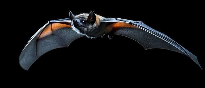 Bat in flight, dark background on black photo