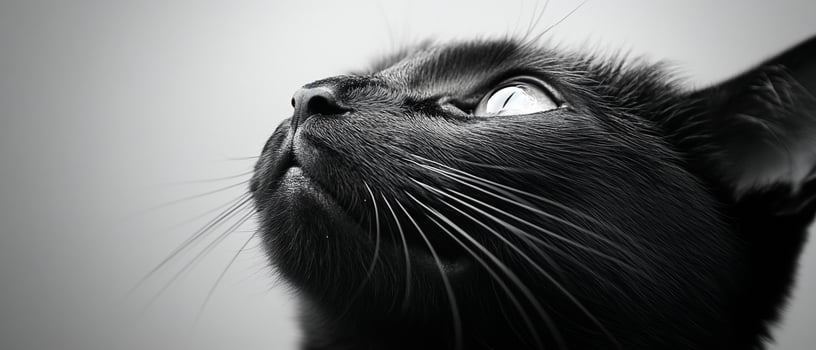 Black cat looking up, close-up, monochrome photo