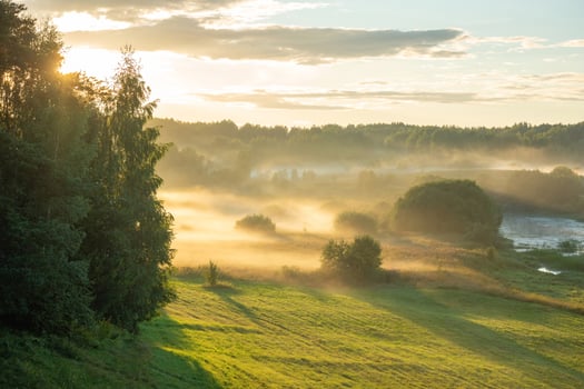 River valley in the morning fog at sunrise. photo
