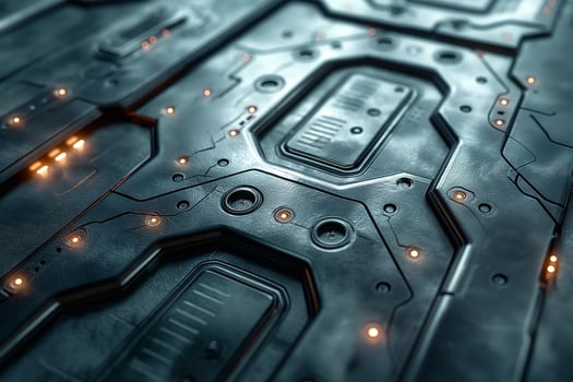 Close-up of a futuristic, textured surface with glowing elements, showcasing a blend of sleek design and intricate circuitry patterns. photo