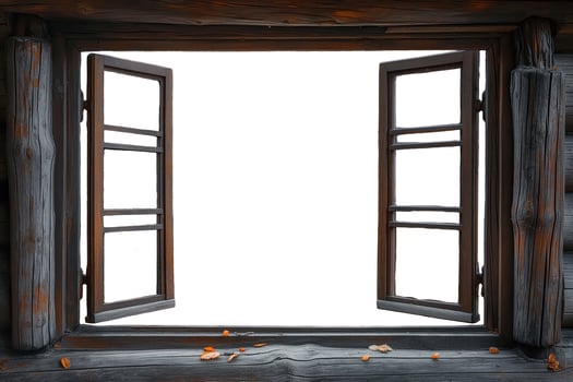 Rustic wooden window frames open to a blank white space, inviting freshness and warmth into the cozy atmosphere. photo