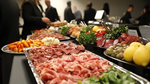 A buffet table with meat, vegetables and fruit photo