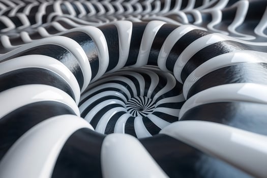 A mesmerizing close-up of a spiraling black and white pattern, evoking a 3D vortex illusion. photo