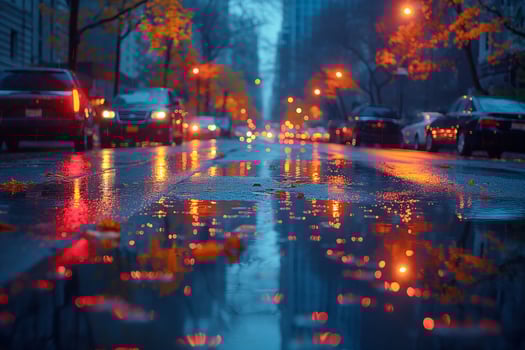 A serene urban street at night after rain, showcasing reflections of vibrant orange and blue lights. photo