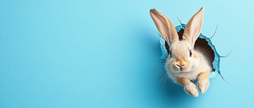 A rabbit is peeking out of a hole in a blue wall photo