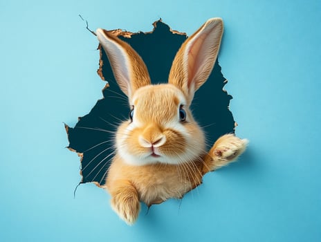 Bunny peeking through torn paper, blue background photo