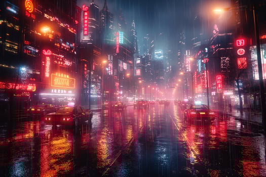 A neon-lit city street at night, reflecting colorful lights in the rain, creating a vibrant urban atmosphere. photo