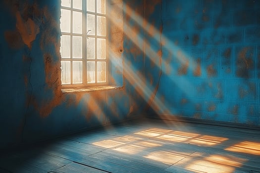 Sunlight streaming through a dusty window in an abandoned blue room. photo