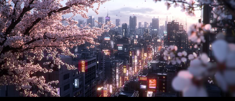Cityscape at Dusk, Cherry Blossoms photo