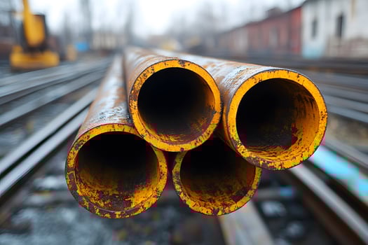 Industrial Metal Pipes Stacked in Construction Yard for Urban Development Projects photo