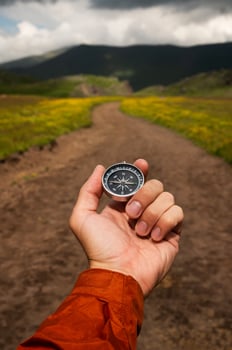 A man's hand in a red jacket holds a magnetic compass against the background of a dirt mountain road and green grass with yellow flowers photo