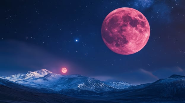 Enigmatic lunar eclipse and red moon over snowy mountains under starry sky photo