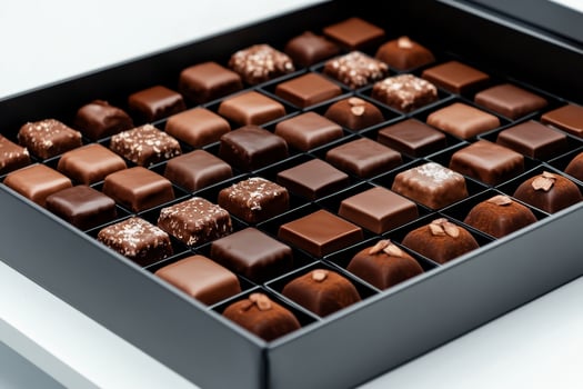 Assorted chocolates arranged neatly in a black box showcasing various textures and flavors photo