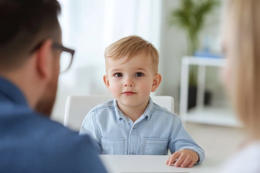 Young boy sitting at a table with parents engaged in conversation in a bright, modern living room photo