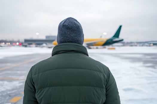 Person in winter coat observes airplane at snowy airport during overcast day photo