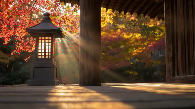 Illuminated Japanese Lantern on Wooden Deck in Autumn Park Sunbeams through Maple Leaves photo