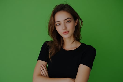 A beautiful young woman in black shirt posing against a green background photo