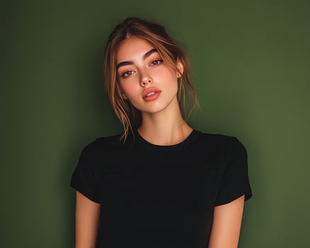 Beautiful young woman in black t-shirt posing against green background photo
