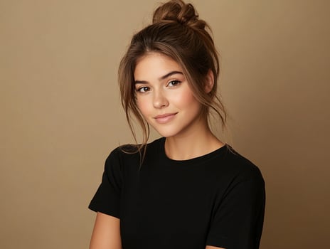 Beautiful young woman with messy hair in black top photo