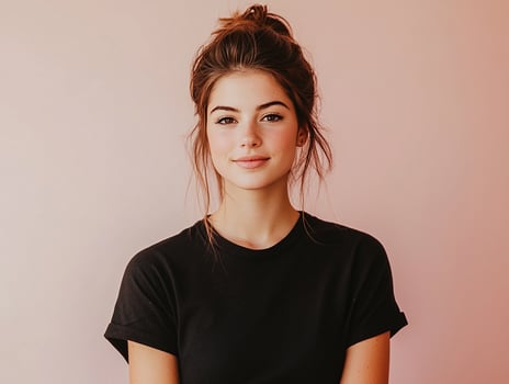 A young woman in a black t - shirt photo