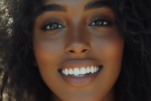 A beautiful woman with curly hair and white teeth photo