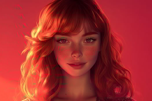 A beautiful redhead woman with long hair and a pink background photo