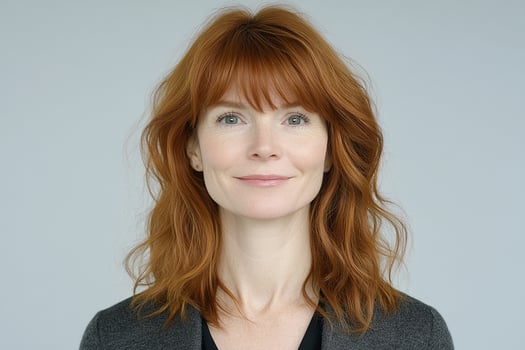 A woman with red hair and a gray shirt photo