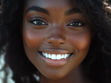 A beautiful young woman with dark skin and white teeth photo