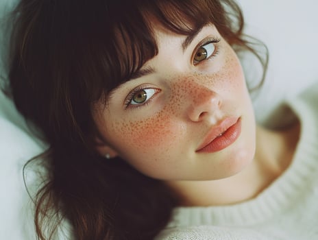A woman with freckles laying on a bed photo