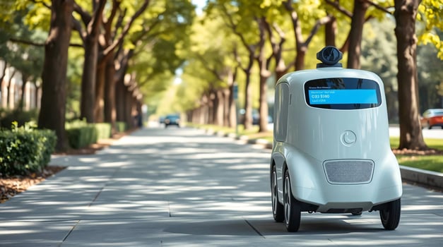 A small robot is driving down a street photo