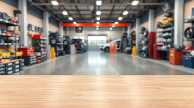 Wooden table top in a car garage with a car photo