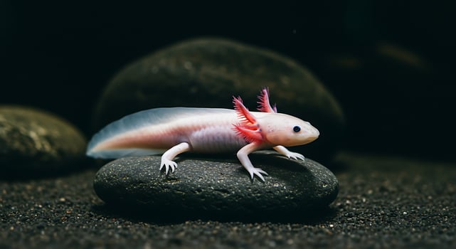 Albino Axolotl on Smooth Rocks in Dark Aquarium photo