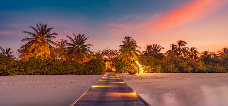 Scenic pier into paradise island sunset palm trees in Maldives colorful sky clouds calm sea essence of luxury tropical escape and serene relax. Summer vacation tourism panorama, amazing landscape photo