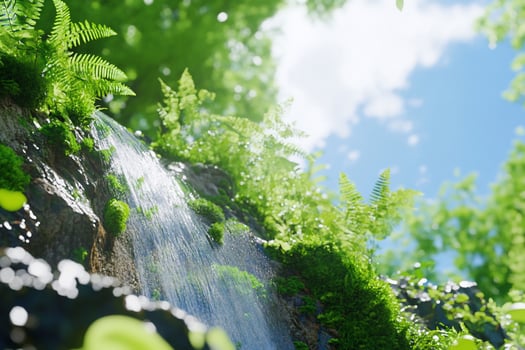 A waterfall is shown in the forest with green plants photo
