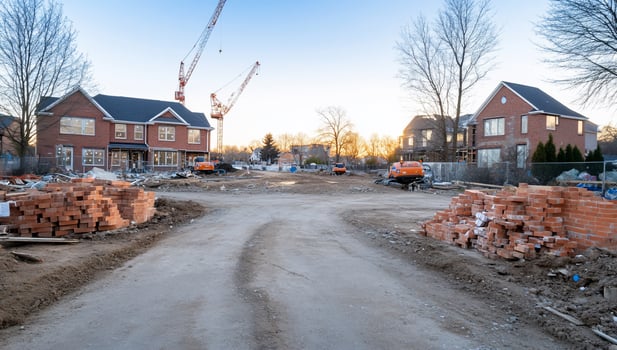 A road with brick and construction equipment in the background photo