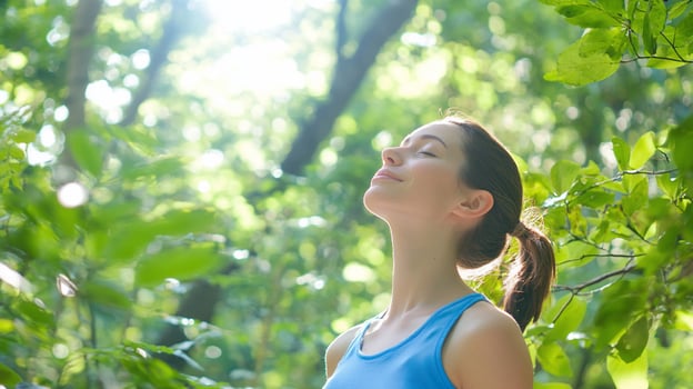A woman in a blue top is standing in the woods photo