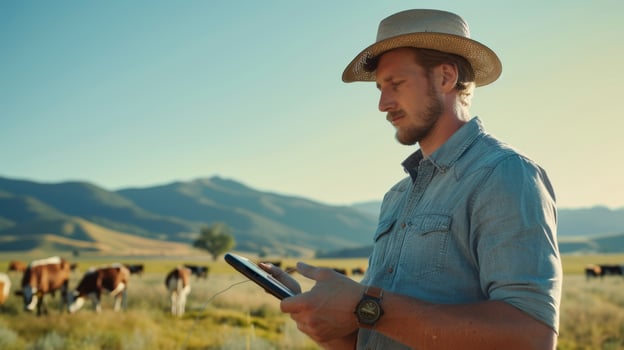 Man in cowboy hat using tablet in field with cows photo