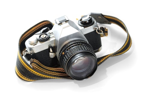 vintage film mechanical still camera on white background photography image concept photo