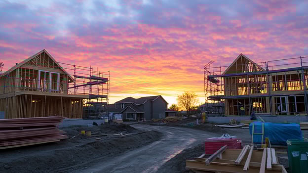 A sunset over a construction site with a house under construction photo