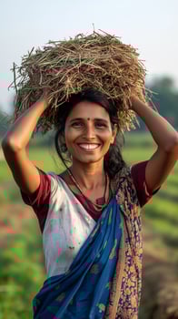Indian woman happily carrying hay in a vibrant rural setting during daylight hours photo
