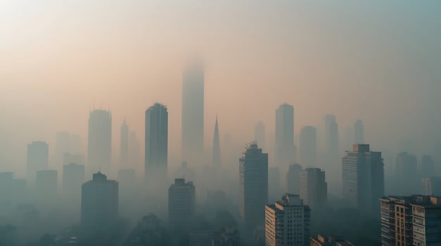 Dense smog envelops skyline highlighting climate change impacts on urban life photo