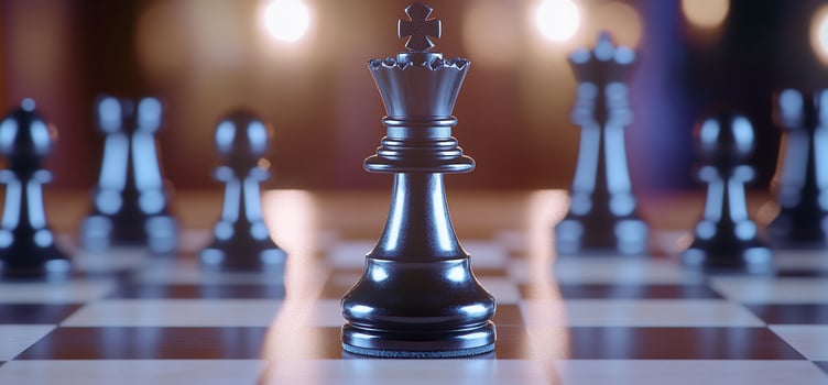 Chess pieces on a chess board with a black king photo