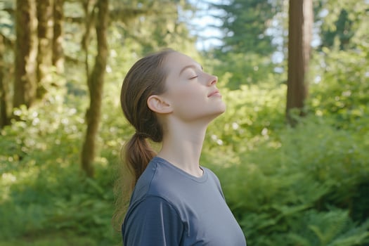 A woman is standing in the woods with her eyes closed photo