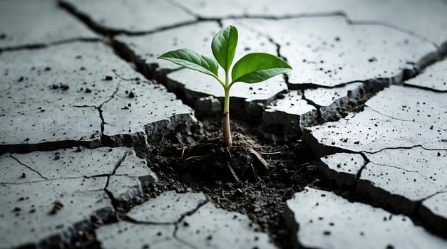 Seedling emerges from cracked concrete, symbolizing resilience in a changing environment photo