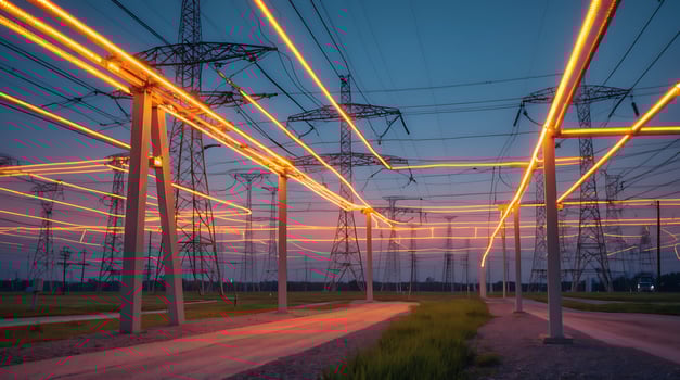 Glowing power lines illuminate an electric grid during twilight near urban areas photo