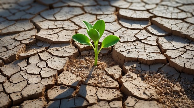 Green shoot emerges from cracked soil in a stark environment photo